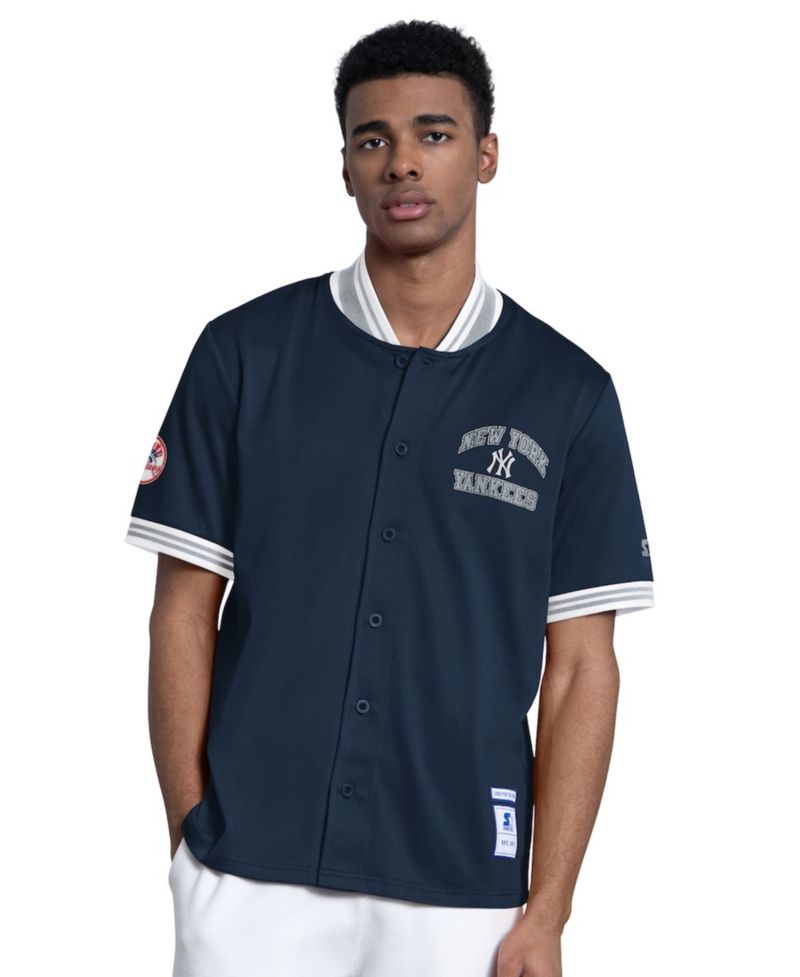 Men's Navy New York Yankees Button-Up Short Sleeve Jacket