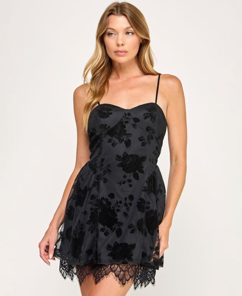 Juniors' Flocked Sweetheart Neckline Mini Dress with Lace Hem