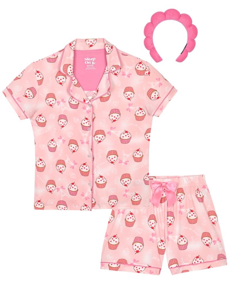 Girls' 7-16 Milky Cupcake Print Short Coat and Shorts with Headband, 3-Piece Set
