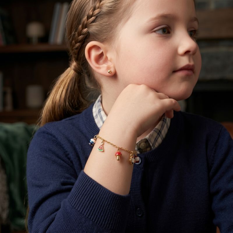 14k Yellow Gold Plated Adjustable Bracelet with Multi-Shaped Charms for Kids