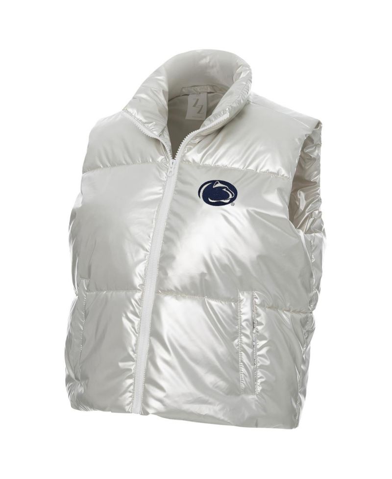 Women's Silver Penn State Nittany Lions Metallic Cropped Full-Zip Sleeveless Puffer Vest