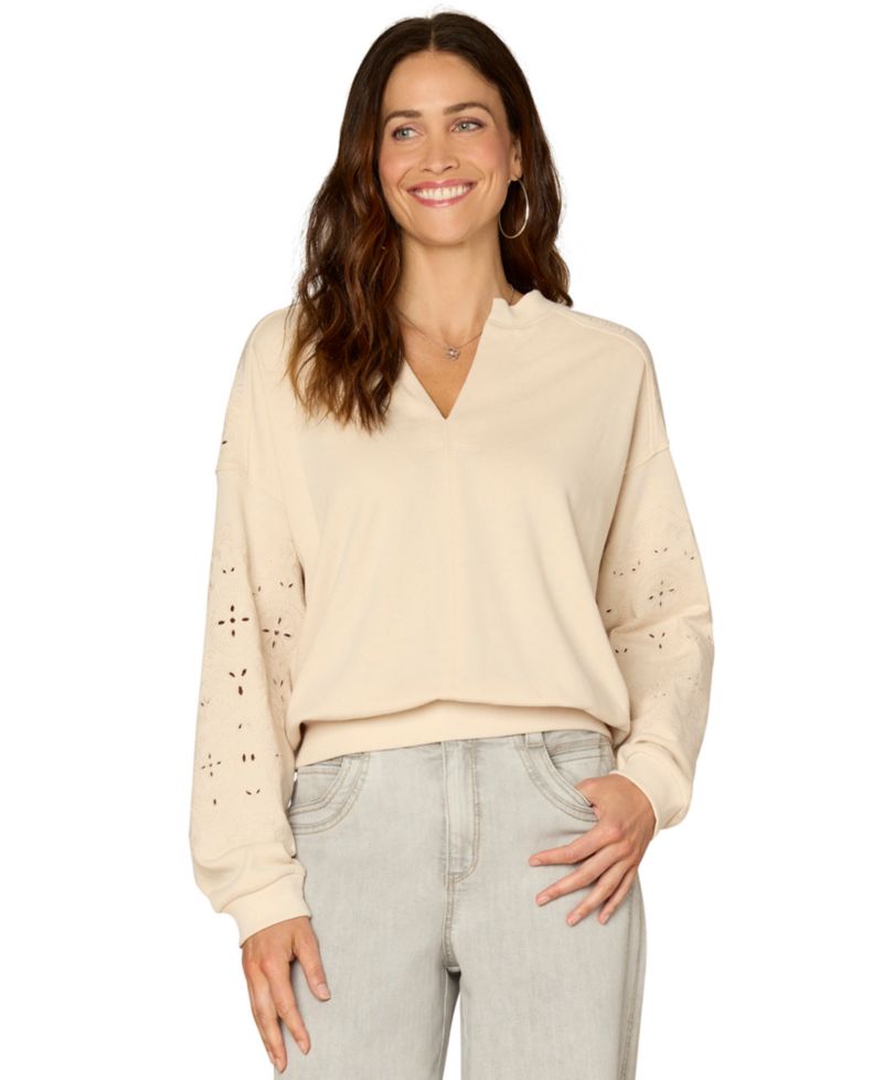 Women's Embroidered Relaxed-Fit Notch Neck Sweatshirt