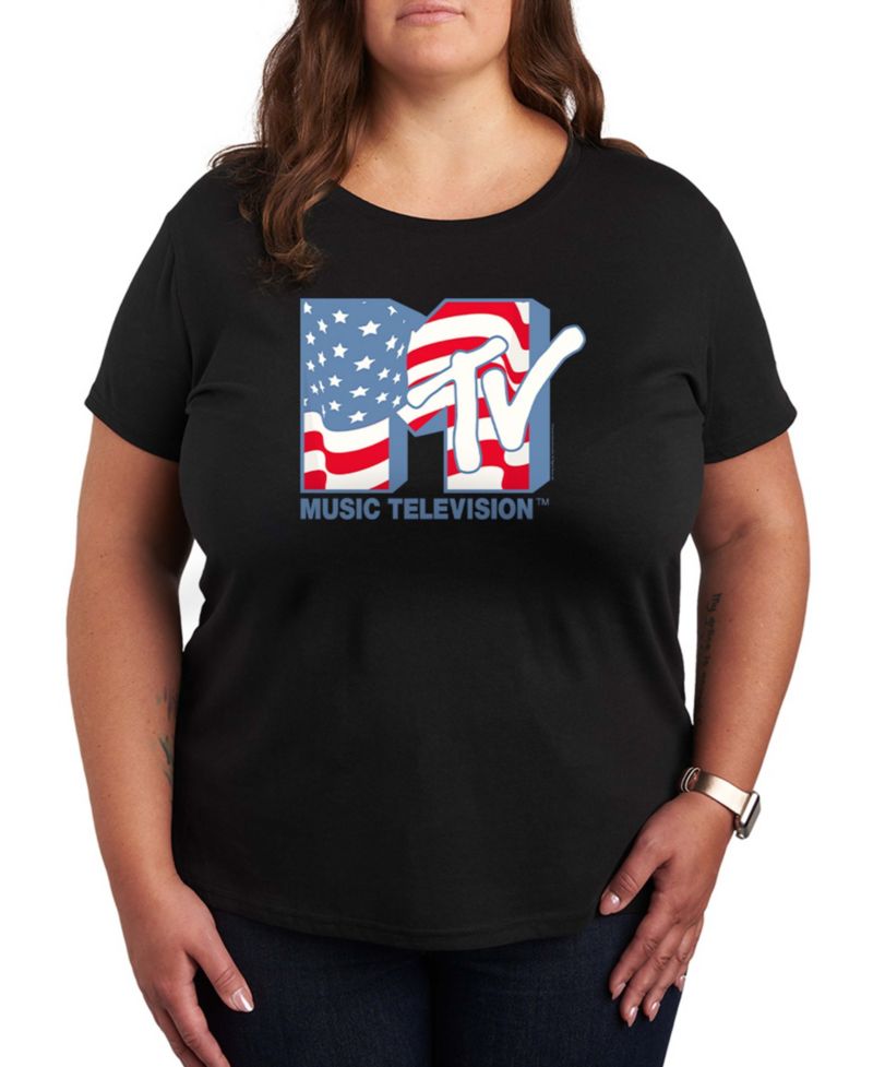 Plus Size MTV American Flag Logo Graphic Crewneck T-Shirt