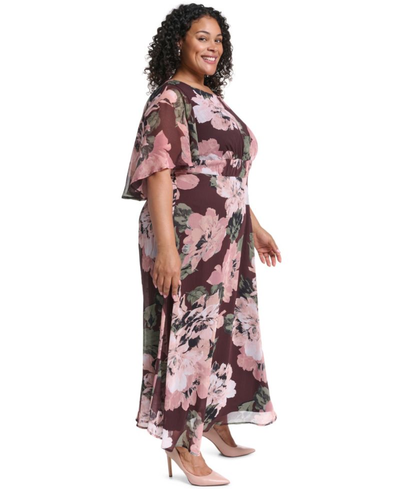 Plus Flutter-Sleeve Floral Chiffon Fit & Flare Dress