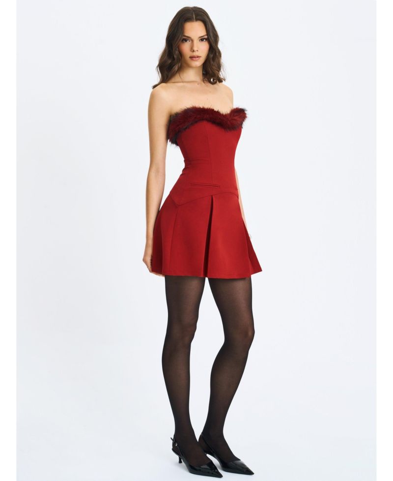 Women's Nalia Crimson Fur Trimmed Sweetheart Mini Dress