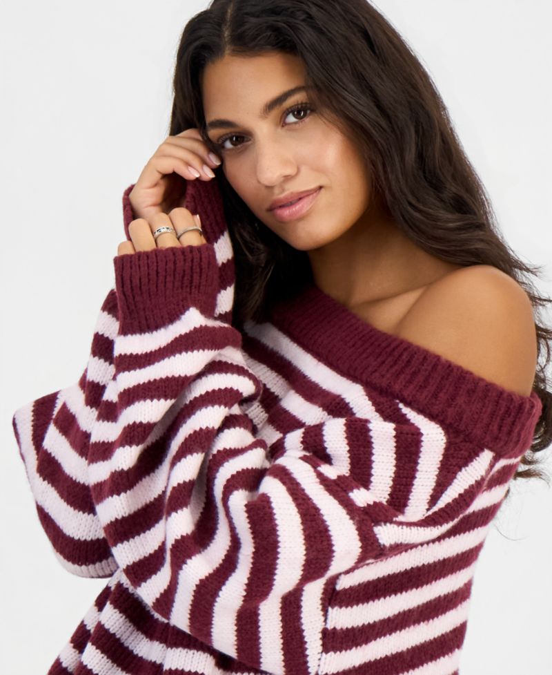 Juniors' Slouchy Striped Balloon-Sleeve Sweater