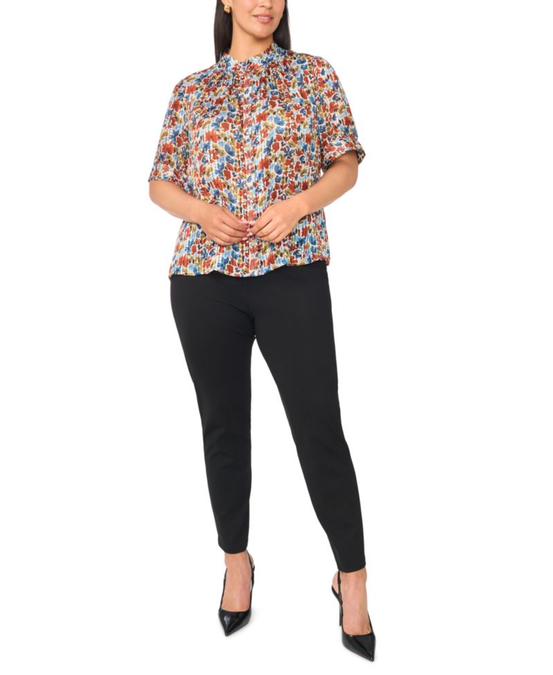 Plus Size Floral Short Puff-Sleeve Mock-Neck Blouse