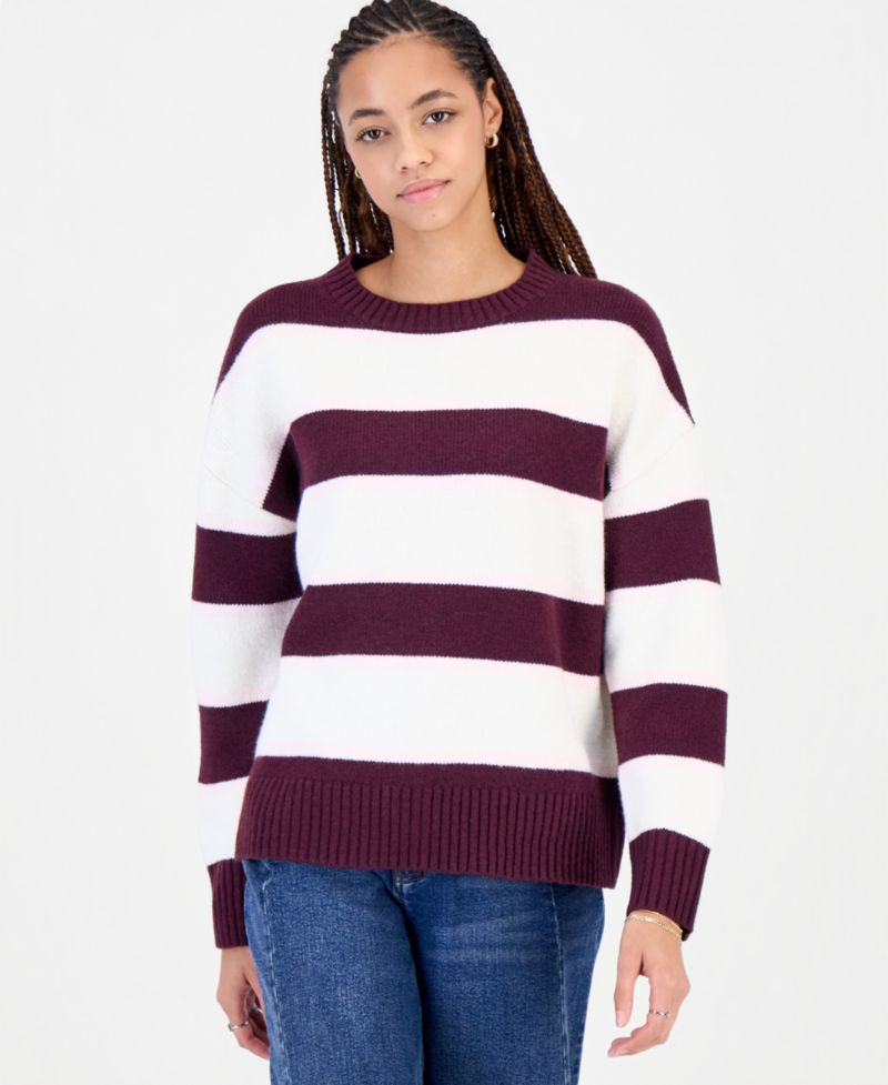 Juniors' Stripe Oversized Crewneck Drop-Shoulder Sweater