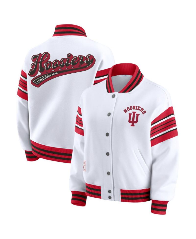 Women's White/Crimson Indiana Hoosiers Satin Stitch Full-Snap Fleece Sweatshirt Jacket