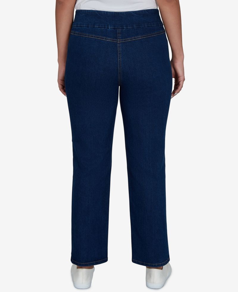 Petite Pull-On Straight Floral-Embroidery Denim Jeans