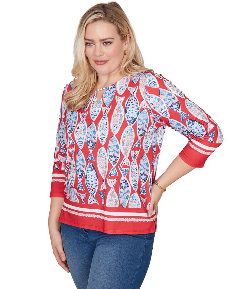 Petite Port Side Mosaic Fish Split Beaded Neck Top