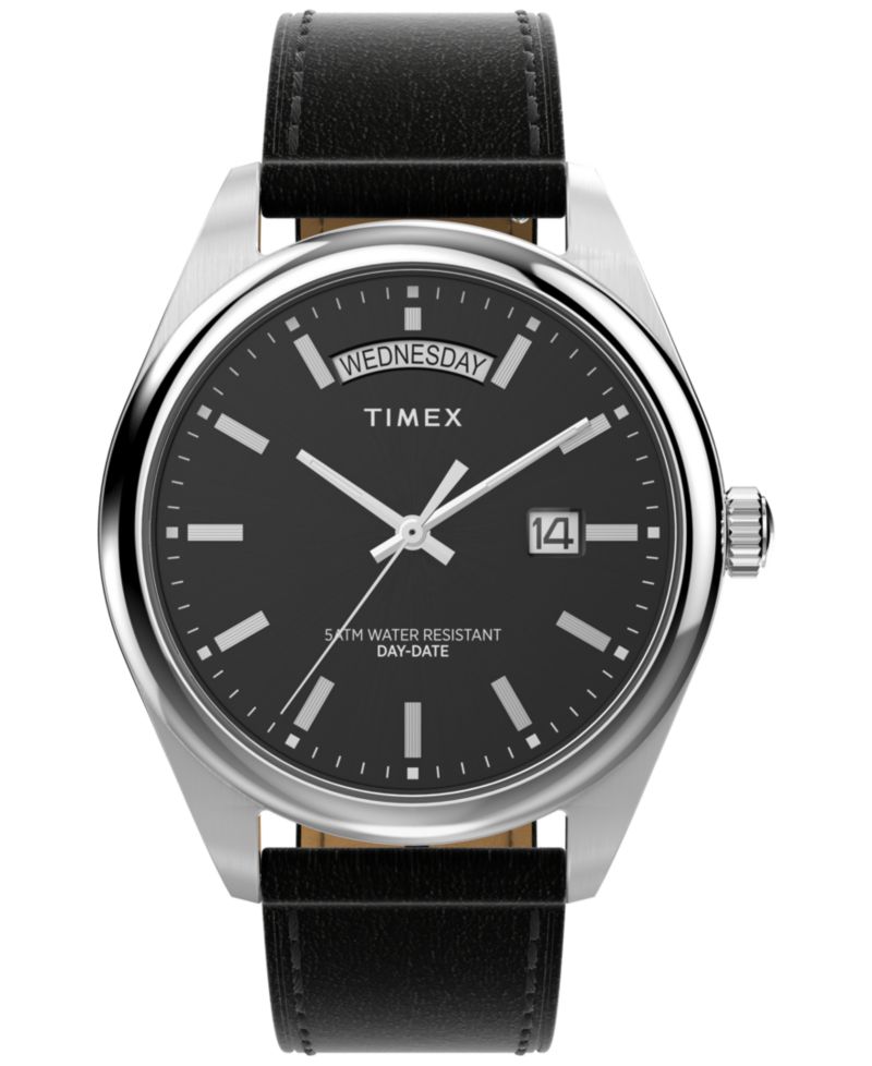 Men's Analog Black Leather Strap Watch, 41mm