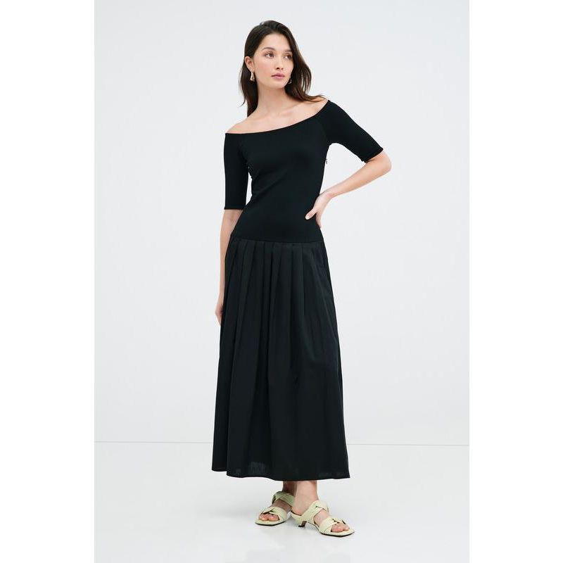Women's Mila Off-Shoulder Dropped-Waist Pleated Cotton Dress with Pockets