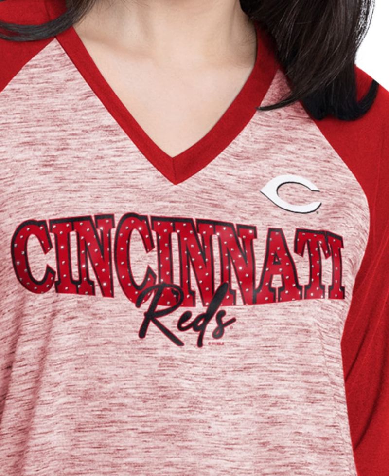 Women's Red/Heather Red Cincinnati Reds Speed Training 3/4-Sleeve Rhinestone V-Neck T-Shirt