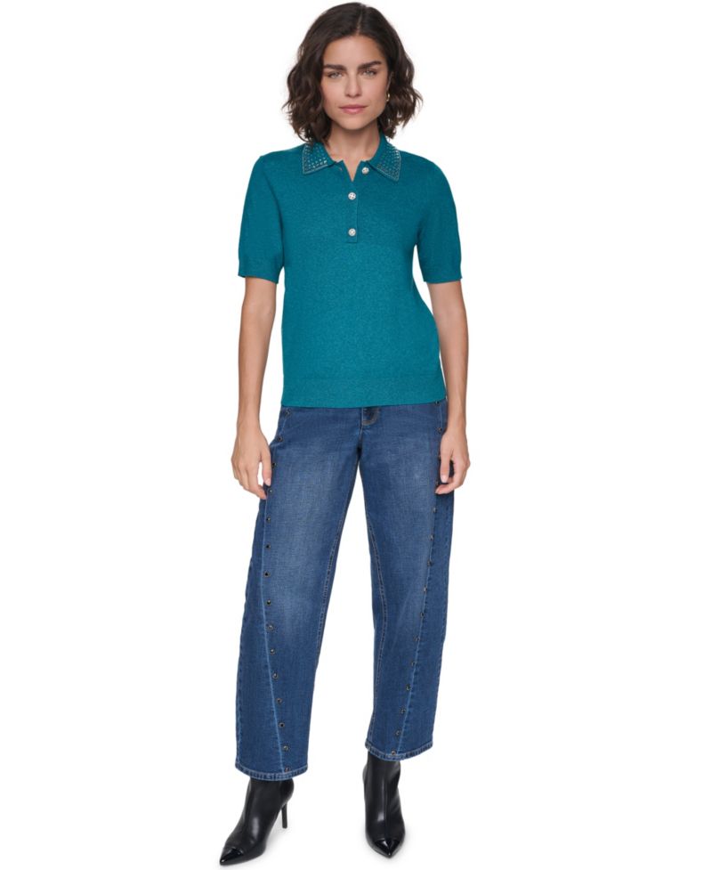 Petite Key Item Short-Sleeve Embellished-Collar Polo Shirt