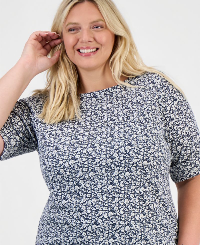 Petite Printed Boat-Neck Elbow Sleeve Top