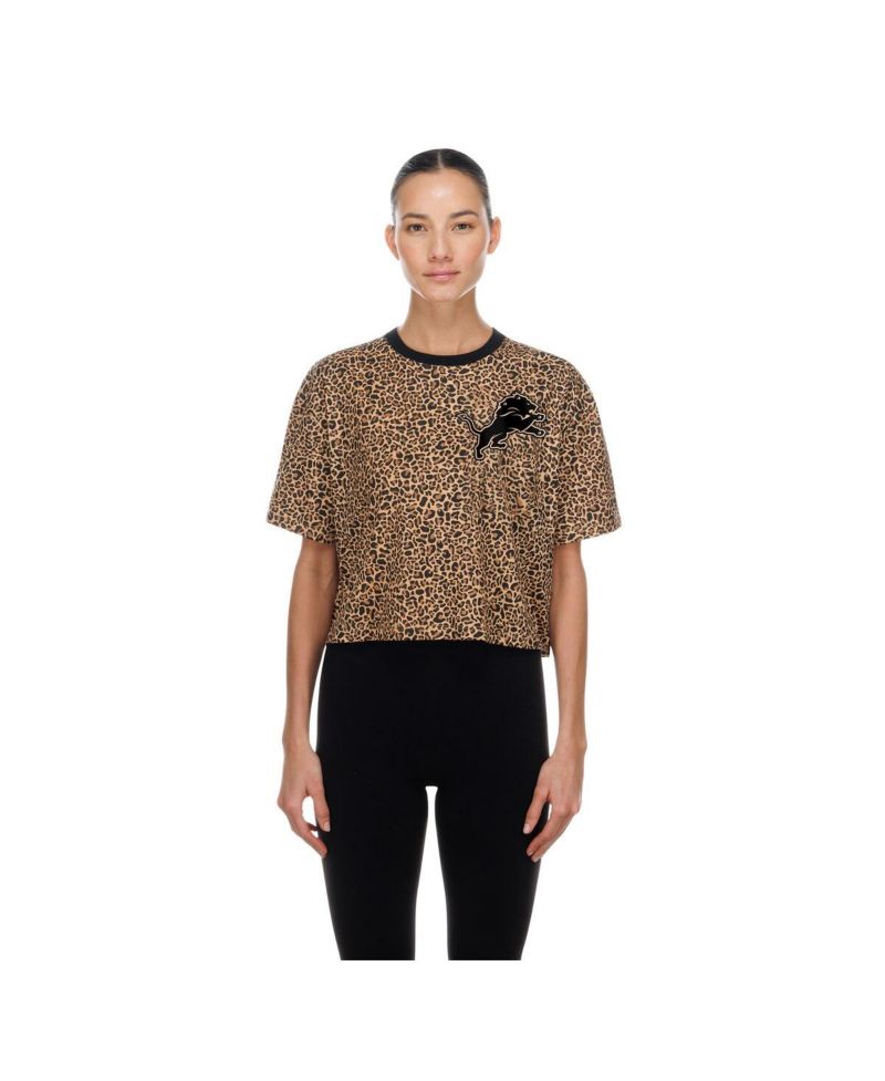 Women's Brown Detroit Lions Mom & Me Leopard Boxy Cropped T-Shirt