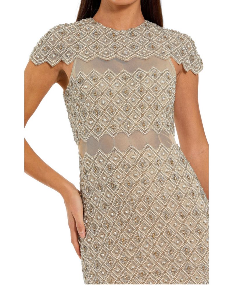 Women's Beaded Mesh Sheath Midi Dress with Sheer Panels