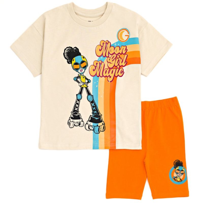 Little Girls Moon Devil Dinosaur Oversized Drop Shoulder T-Shirt and Shorts Outfit Set