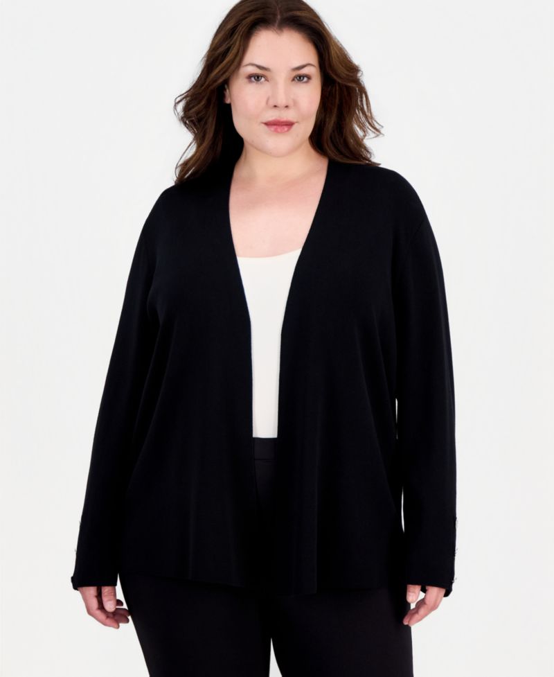 Plus Size Collarless Open-Front Long-Sleeve Cardigan