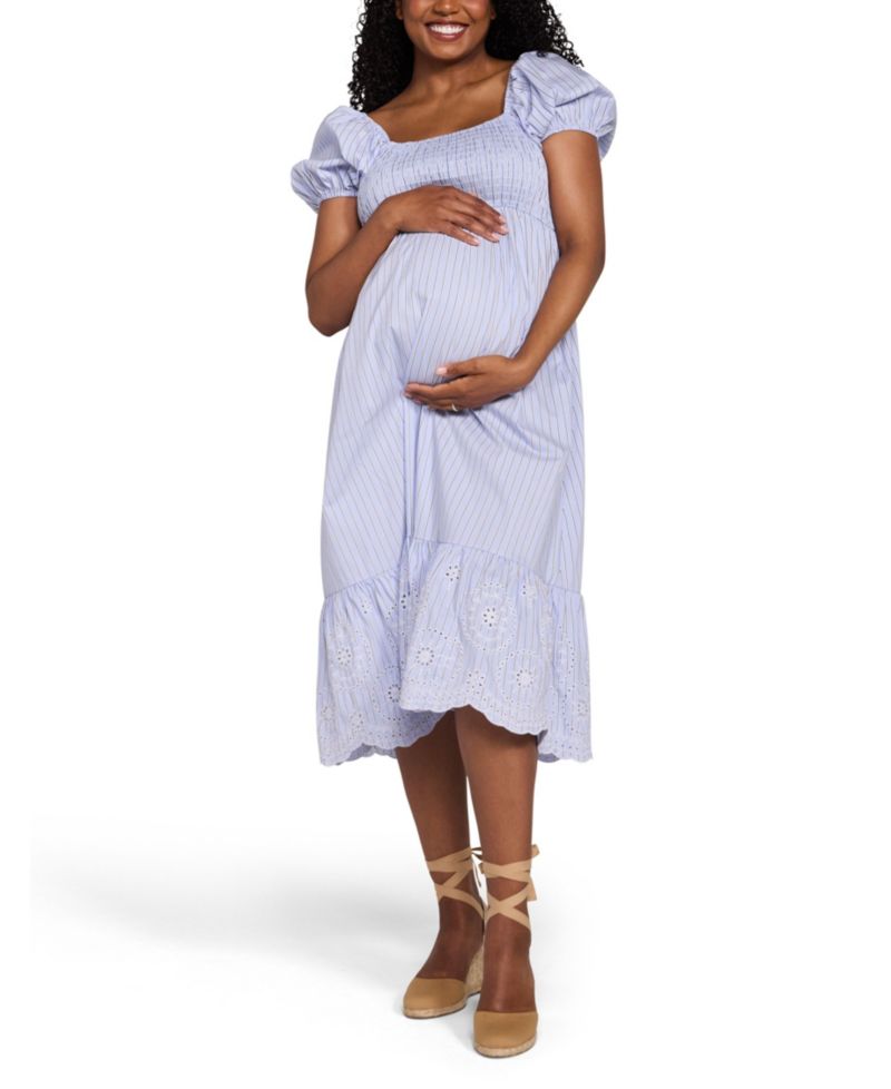 Women's Motherhood Smocked Bodice with Puff Sleeves Midi Dress
