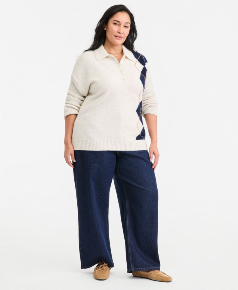 Plus Size Argyle Polo Long-Sleeve Sweater