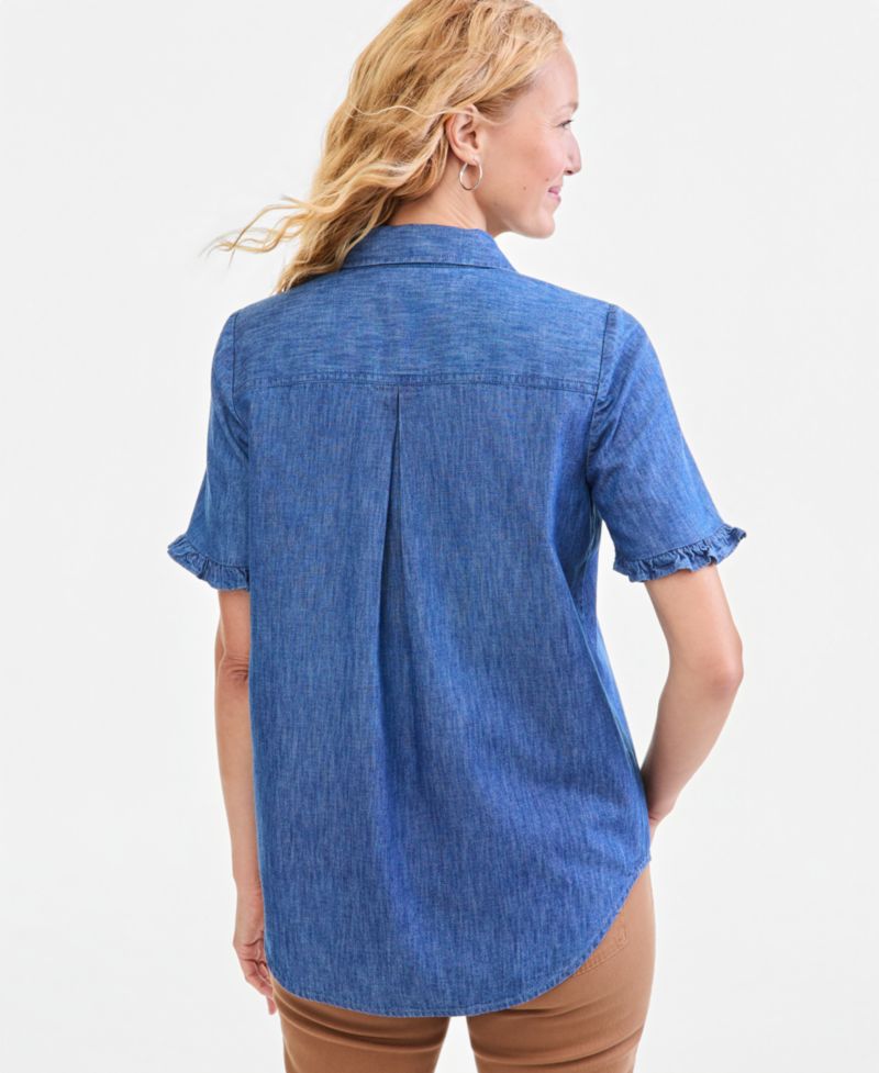 Petite Ruffle-Sleeve Button-Up Camp Shirt