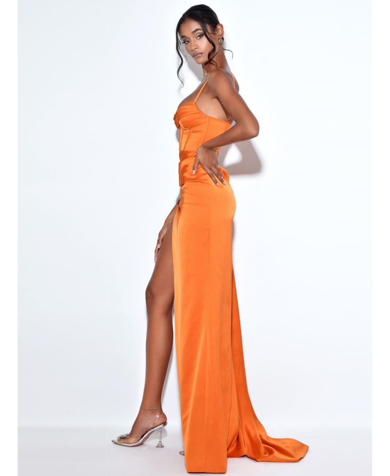 Women's Elayna Orange Strappy Satin Corset High Slit Gown