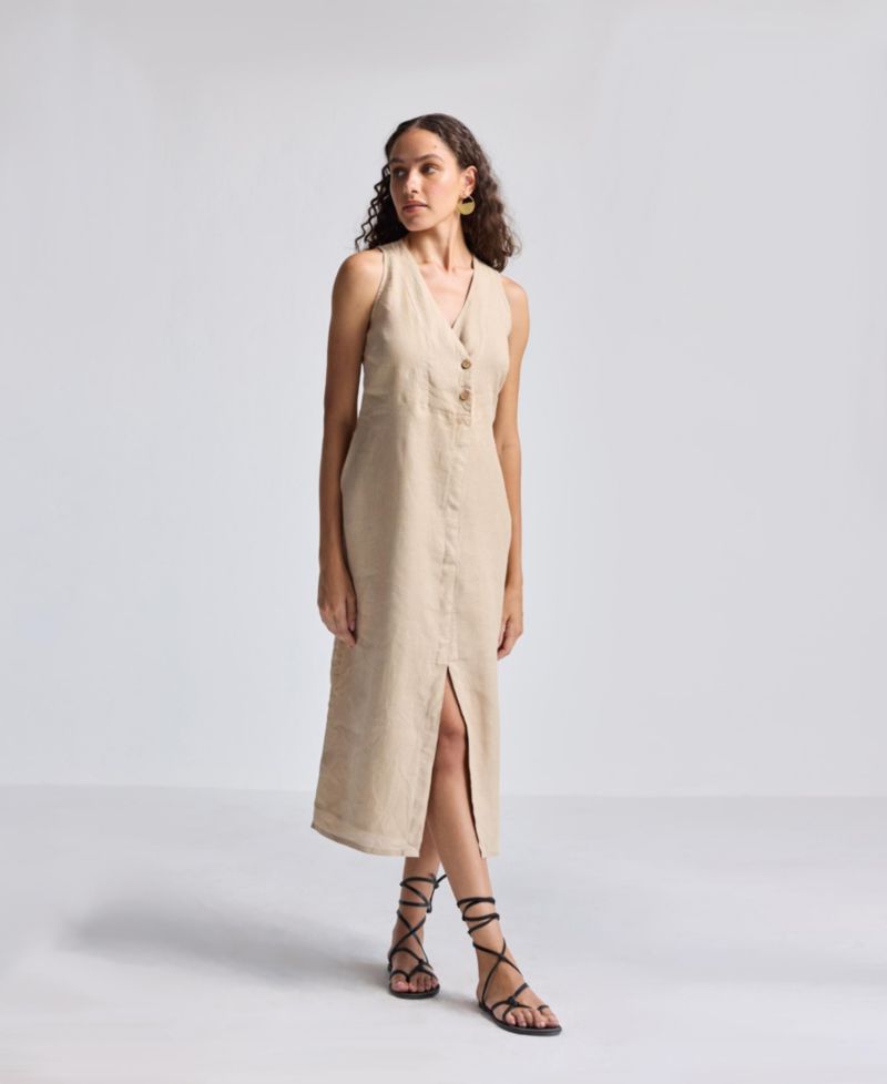 Women's Straight Dress with Front Slit in Neutral Beige Hemp