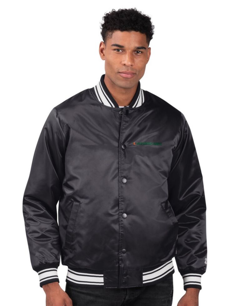 Men's Black Miami Hurricanes Two-Hit Satin Varsity Full-Snap Jacket
