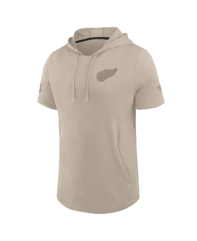 Men's Tan Detroit Red Wings Authentic Pro Road Short Sleeve Hoodie