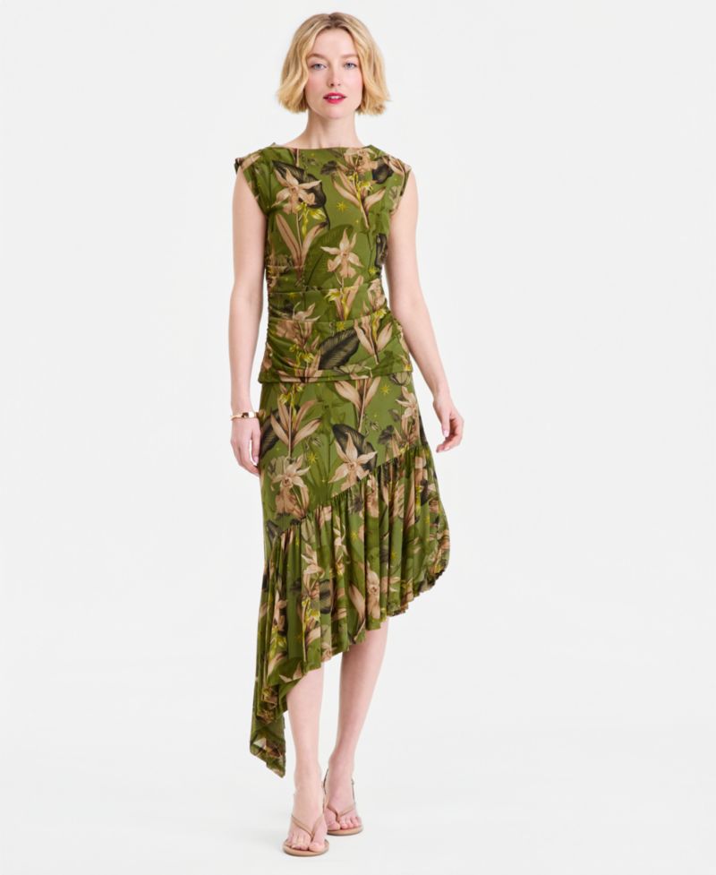 Women's Printed Mesh Asymmetric Hem Midi Skirt