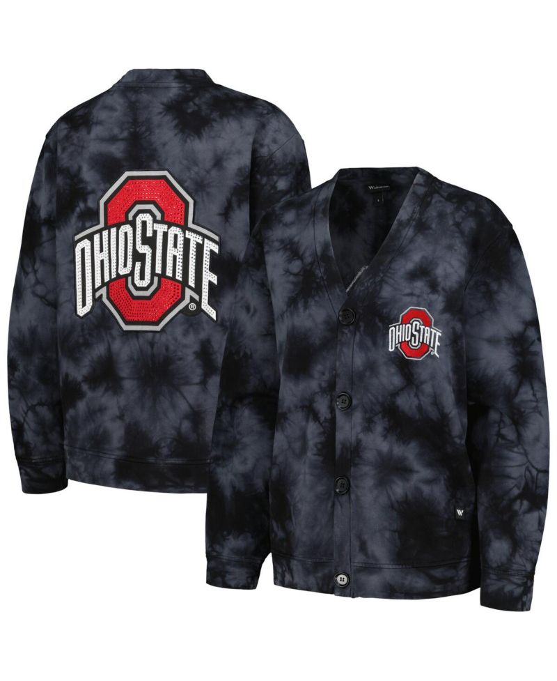 Women's Black Ohio State Buckeyes Jeweled Tie-Dye Button-Up V-Neck Sweater