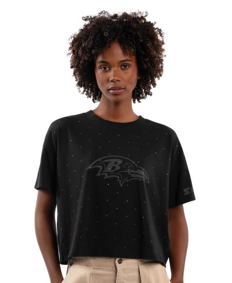 Women's Black Baltimore Ravens Rhinestone Sprinkle Boxy Cropped T-Shirt