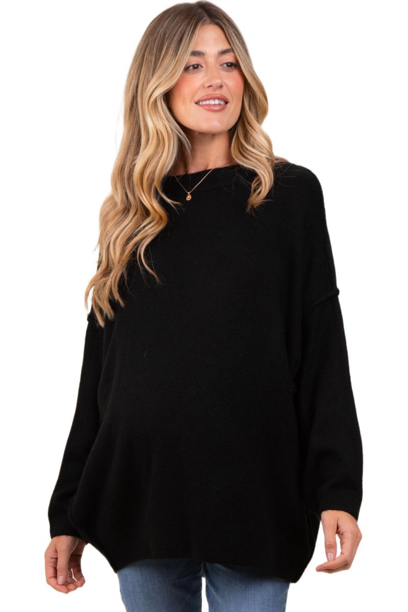 Women's Black Oversized Crewneck Melange Knit Sweater