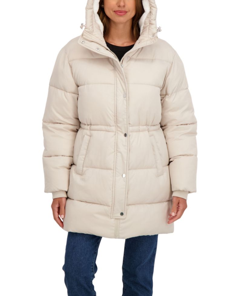 Women's 3/4 Cozy Lined Hooded Puffer Coat With Drawstring Waist