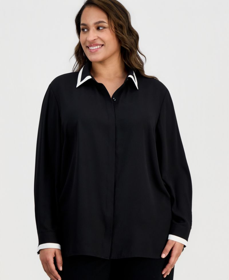 Plus Size Spread-Collar Button-Front Blouse
