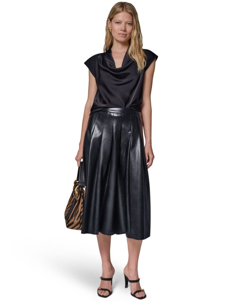 Women's Pleated Faux Leather Midi Skirt