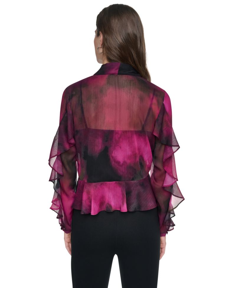 Women's Long-Sleeve Wavy Print Tie-Neck Chiffon Blouse