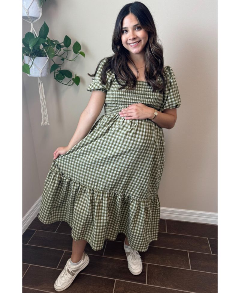 Women's Rust Gingham Smocked Midi Dress