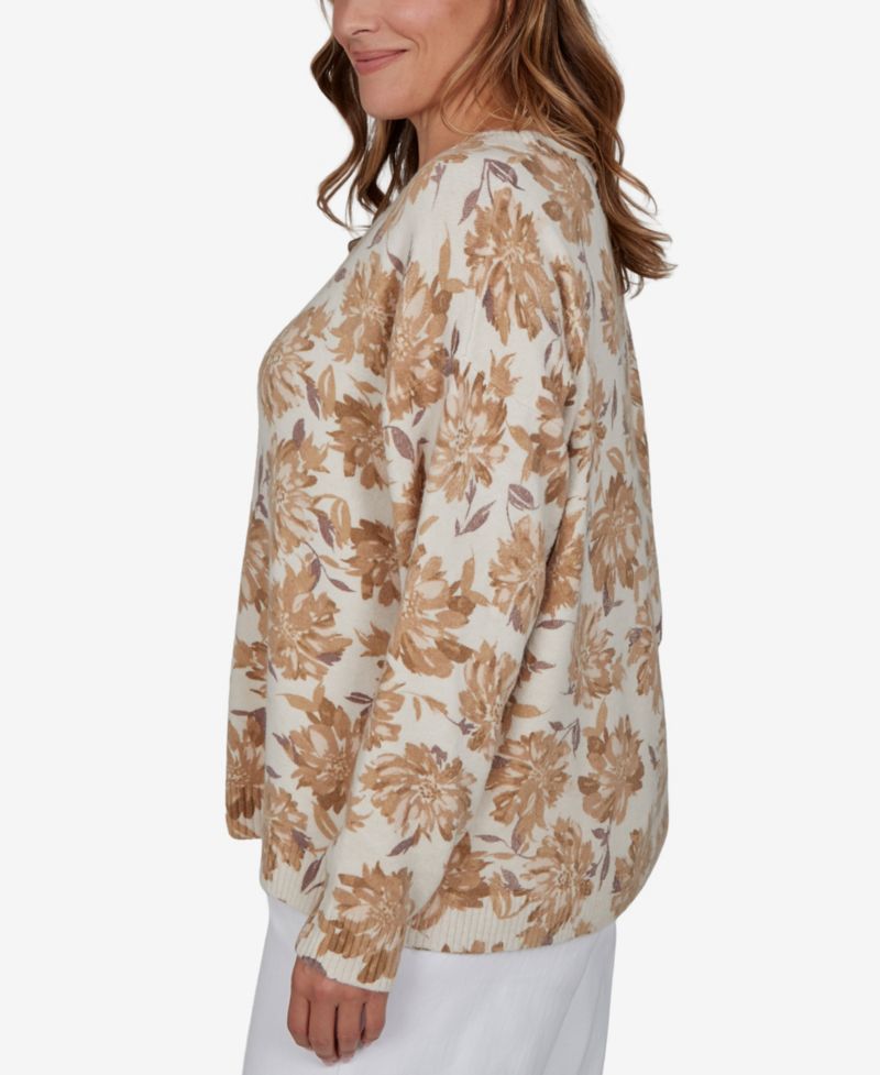 Plus Size Floral-Print Crewneck Long-Sleeve Sweater