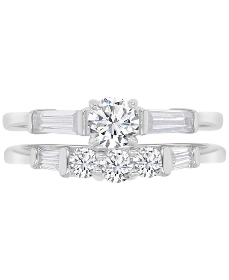 Cubic Zirconia Round & Baguette Promise or Engagement Ring in Sterling Silver