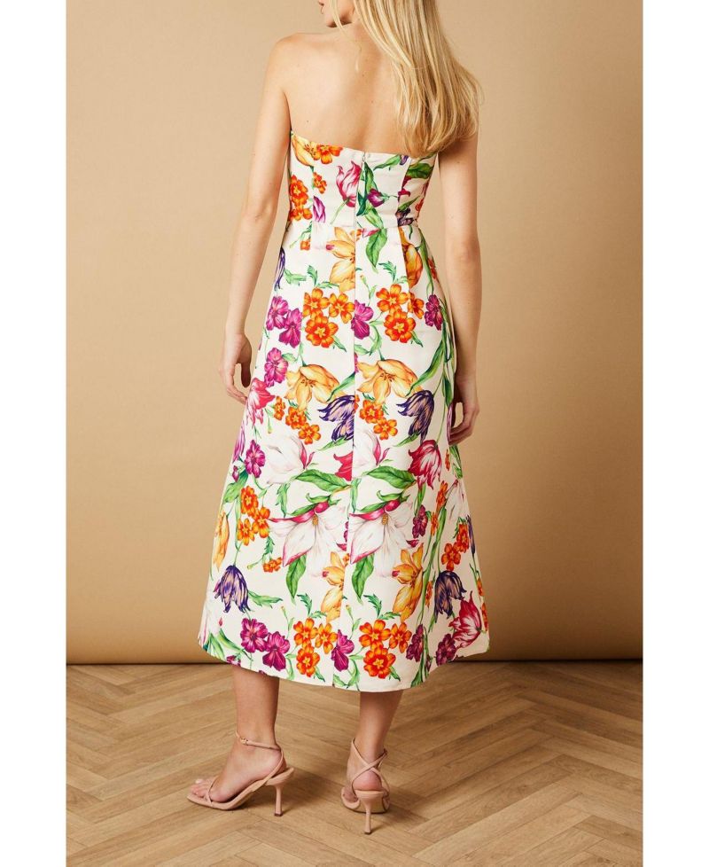 Women's Floral Twill Strapless Midi Dress