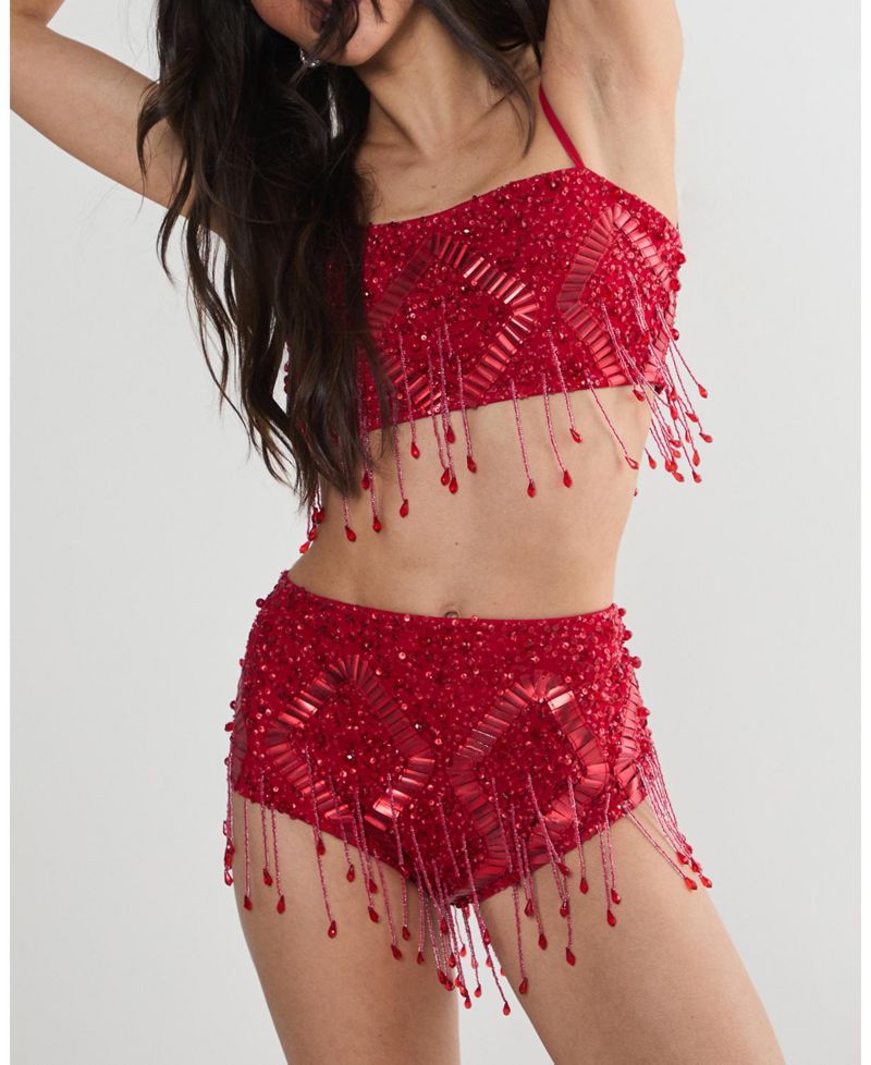 Women's Embellished Tassel Beaded Crop Top
