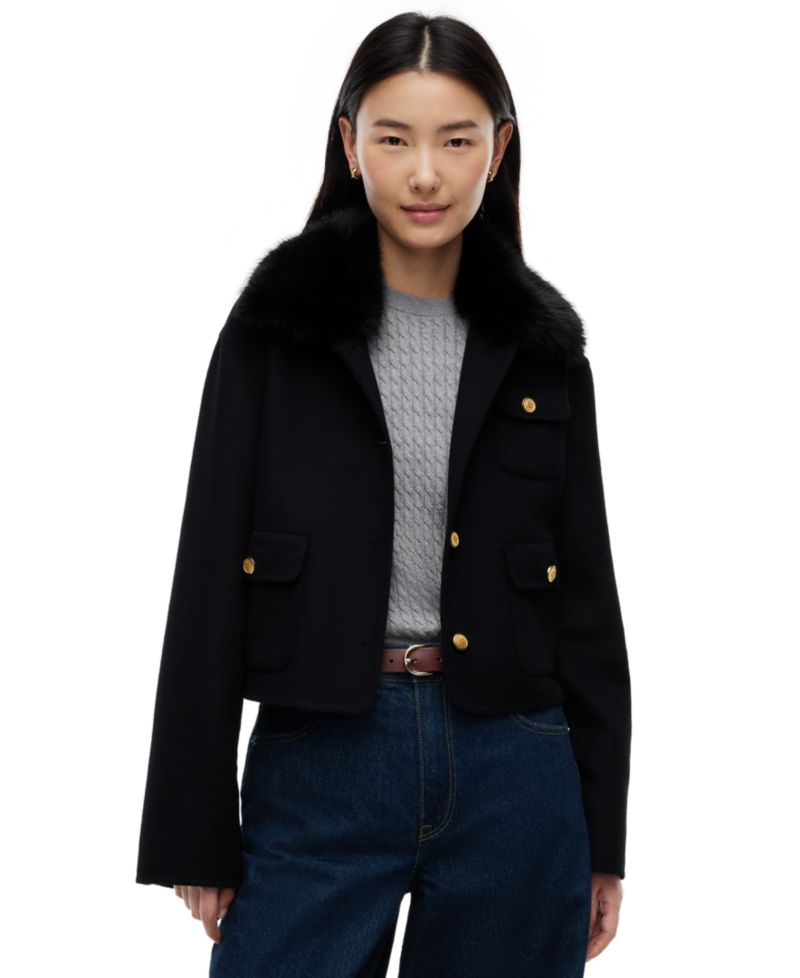 Women's Wool-Blend Cropped Jacket with Faux Fur