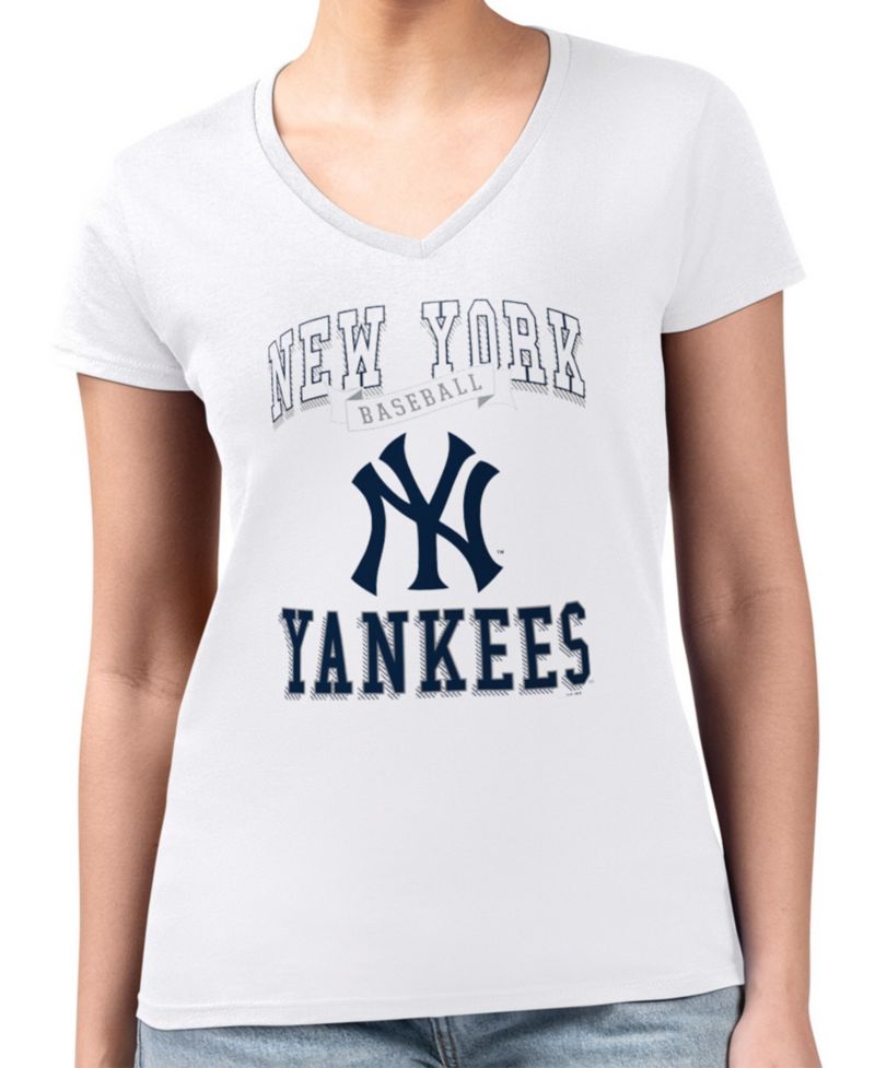 Women's White New York Yankees Super-Slim Fit Lightweight Team Logo Graphic V-Neck T-Shirt