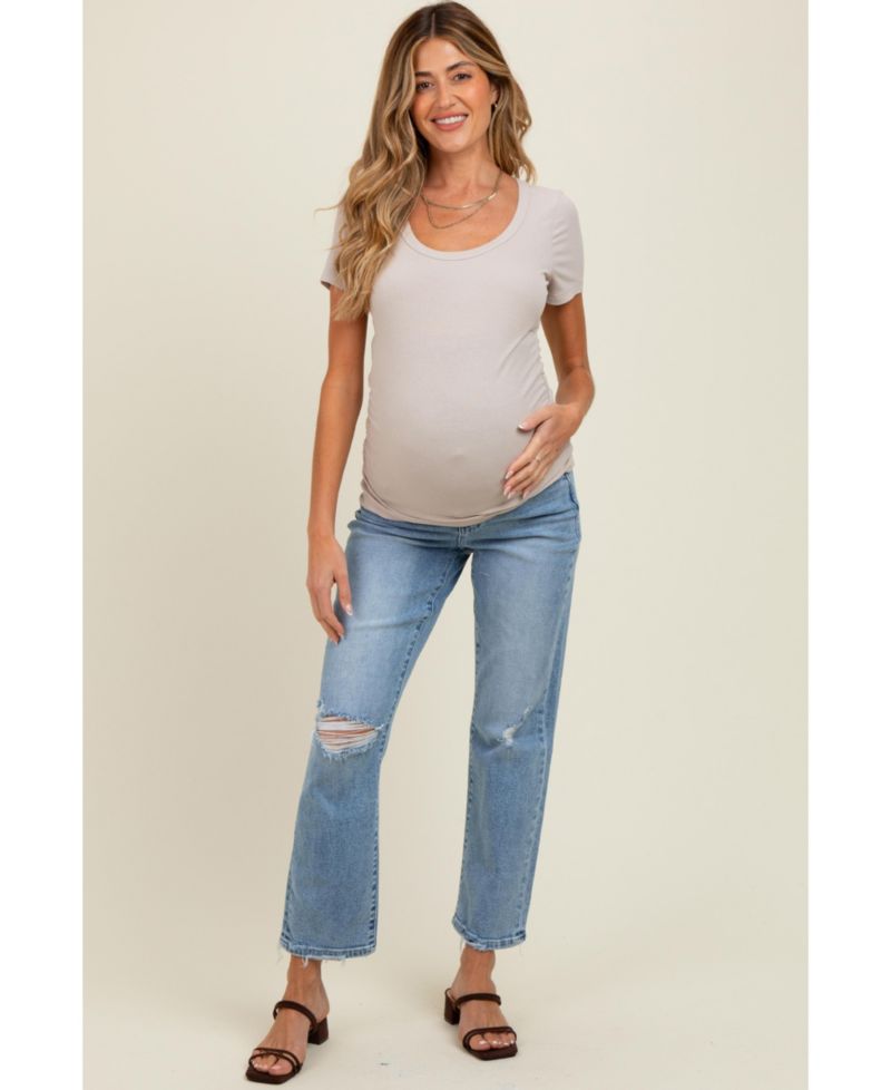 Women's Light Blue Distressed Open Knee Ankle Straight Leg Jeans