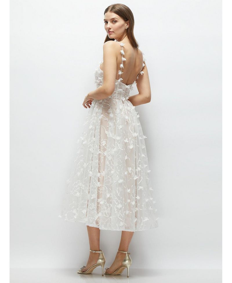 Women's 3D Embroidered Little White Midi Dress with Nude Corset Underlay
