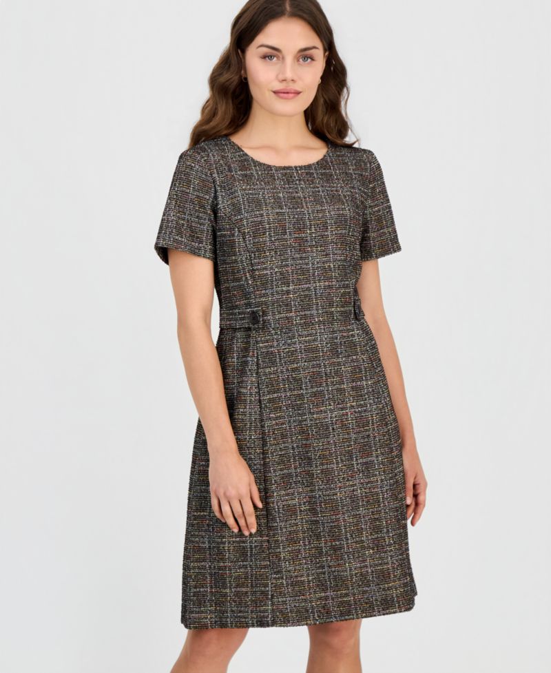 Petite Tweed Plaid Short-Sleeve Shift Dress