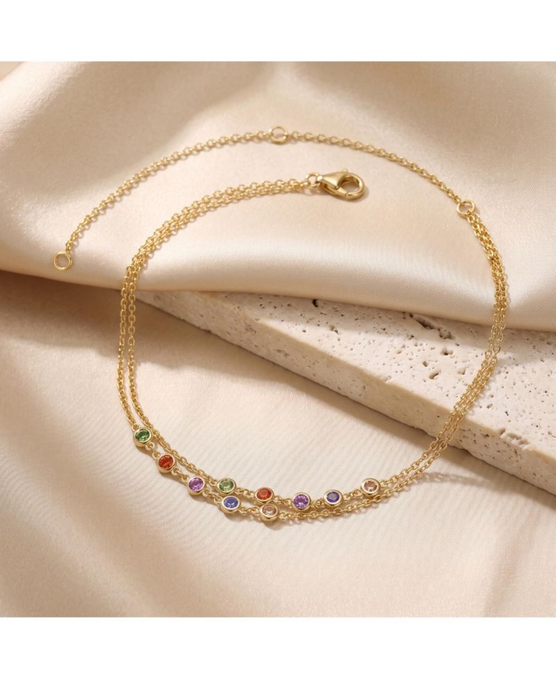 14k Gold Plated Multi Color Double Layer Rolo Chain Anklet, Adjustable Length